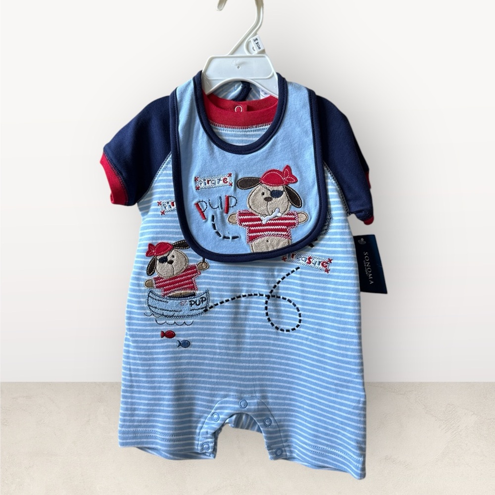 SONOMA Blue Baby Romper with Bib Pirate Dog Design, 3-6 Months NWT